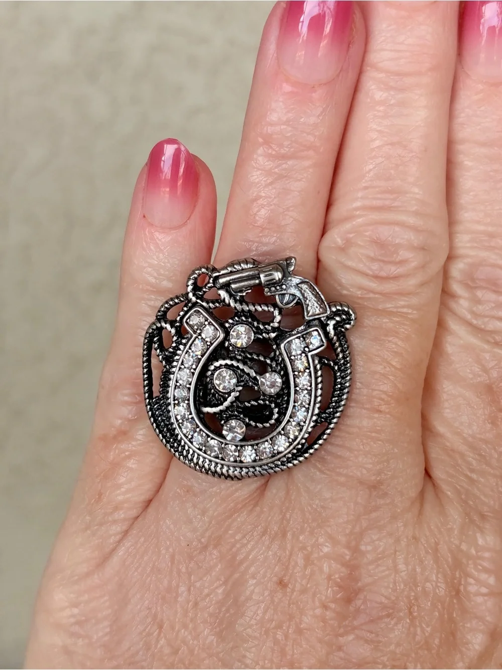 Western Silver-Tone Horseshoe Crystal Statement Ring